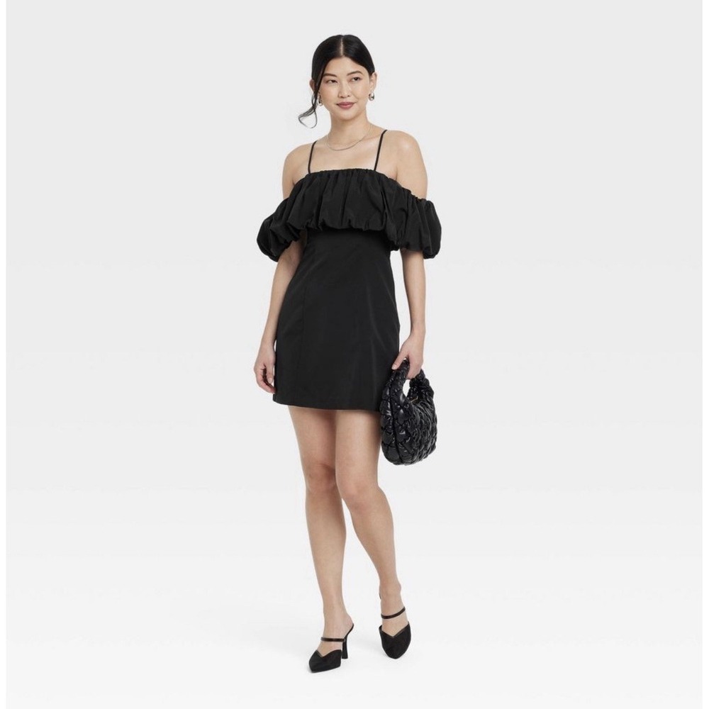 Women's Sz 16 Black Ruffle Off the Shoulder Mini A-Line Dress A New Day NWT $40